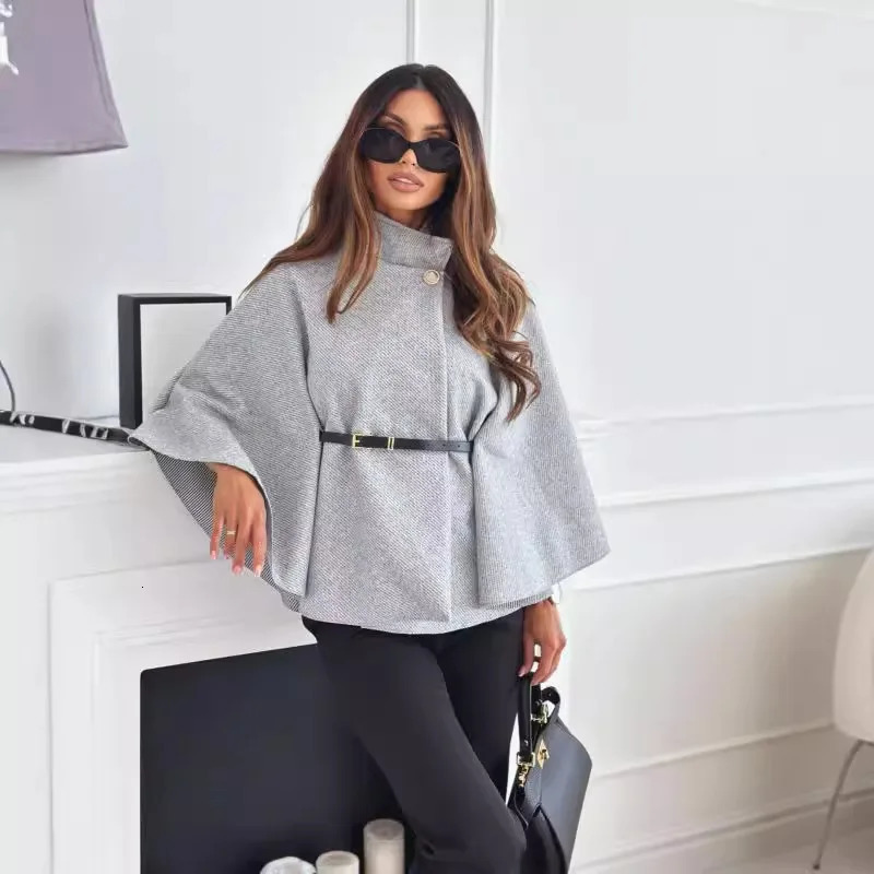 Autumn Winter Women Single Buckle Batwing Sleeve Coat Elegant Lady Cloak Cape Woolen Tweed Poncho Thick Warm Loose Outwear 250731