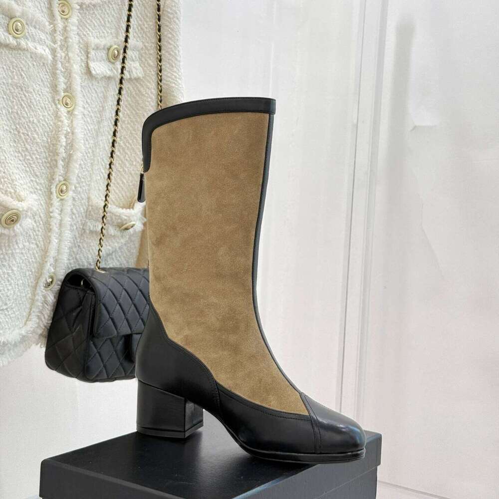 Women Size35-41 Genuine Leather Med Heels Natural Cow Suede Mid Calf Boots Zipper Designer Shoes Zapatillas De Mujer 5ef