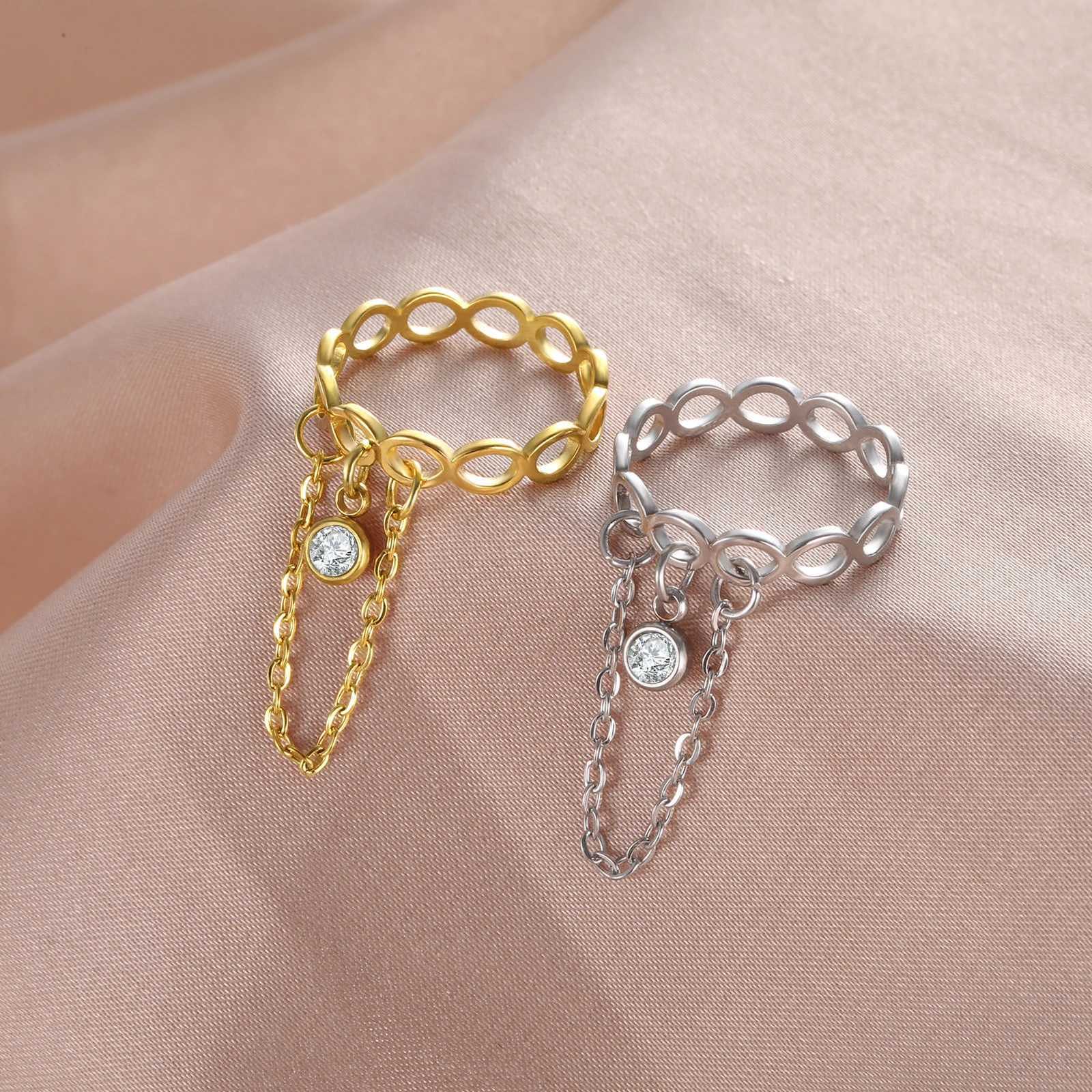 Stainless Steel Infinity Rings with Round Pendant Chain Women Engagement Geometric Rings Couple Jewelry Wholesale y250730