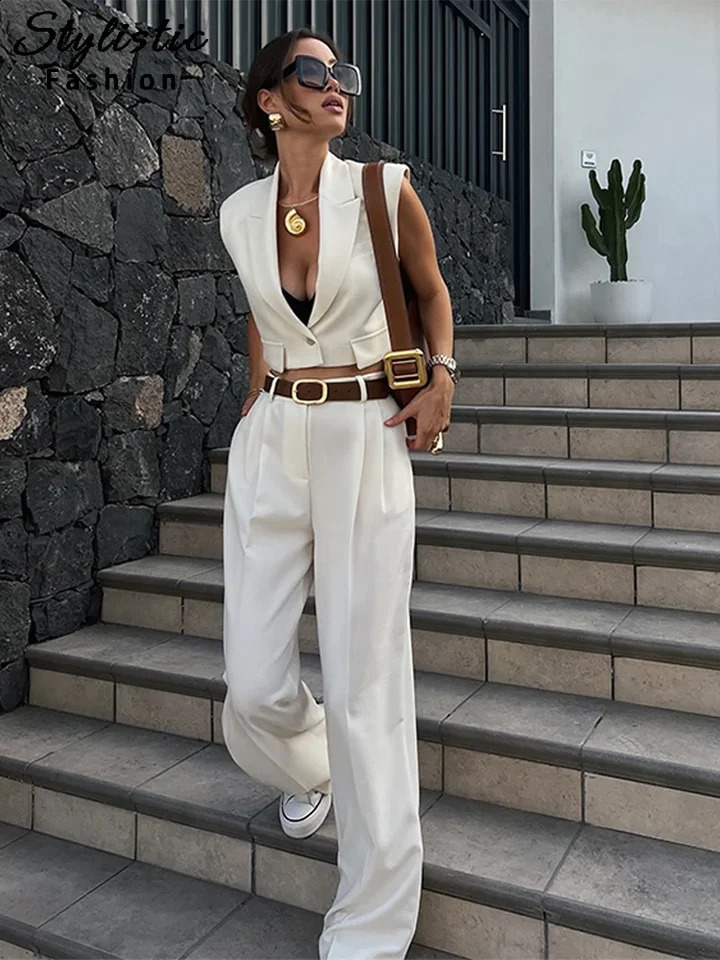 Elegant Vest Pant Set White Vneck Sleeveless Button Short Top Wide Leg Pants Female 2025 Summer Fashion Office Lady 250724