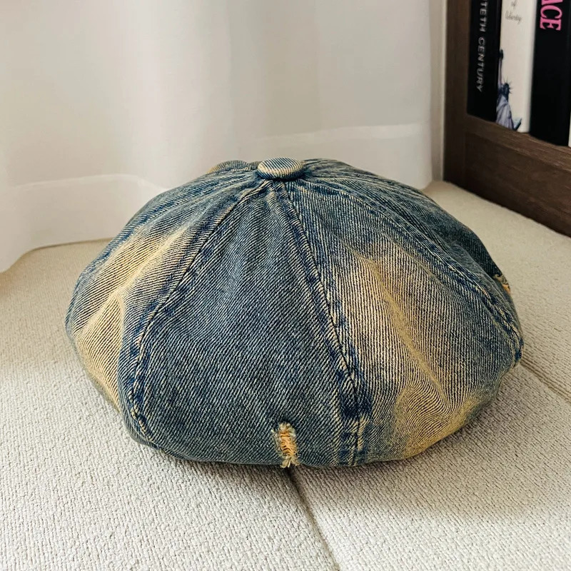 Korean Style Vintage Denim Holed Distressed Beret Hat Women Large Head Size Small Face Painter Caps Breathable Beret 250729