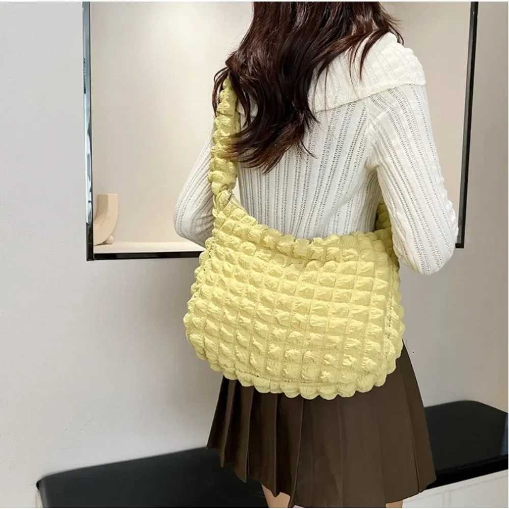 Square Padded Shoulder Bag With Nice Pleated Bubbles Large Capacity Armrest Bag Solid Color Embroidered Cross Bag For Women Y250730