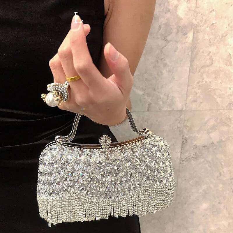 Dia Evening Clutch Bag Golden Tassel Handbag Boutique Novelty Metallic Rhinestone Purses And Handbags Bridal Wedding Party