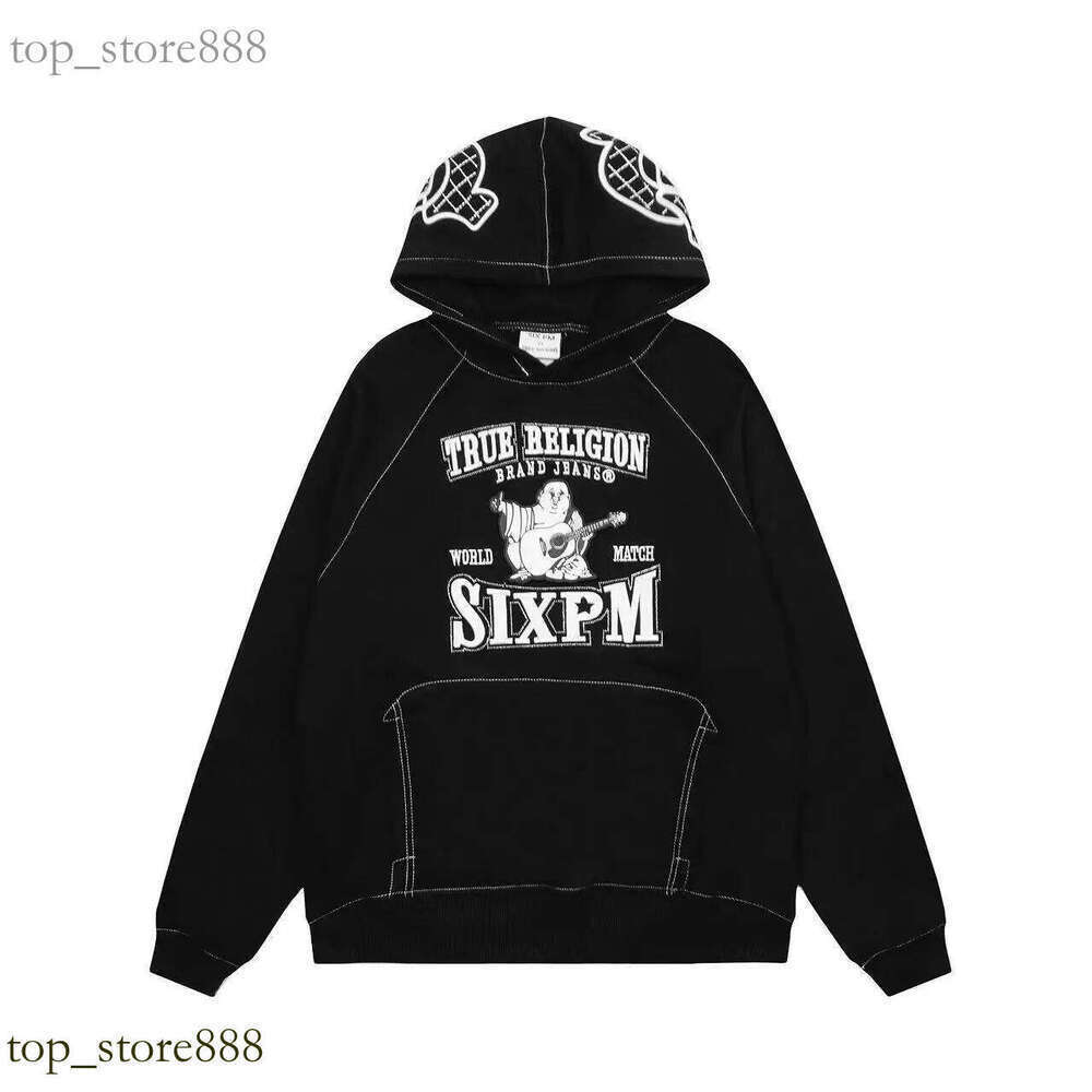 True Relgons Outer Garment True Relgion Front And Back Printed Hooded Y2k Fashion Coarse Line Super Religion Jeans Man Light Blue/Deep Blue Pockets Denim Jacket 362