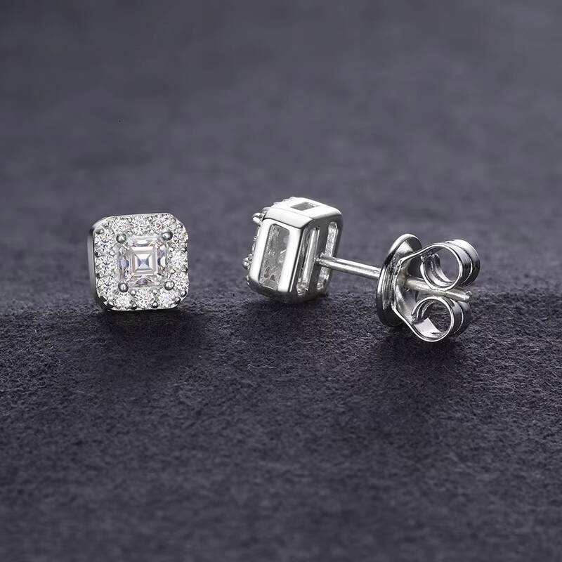 Asscher Cut 925 Sterling Silver Vvs Moissanite Square Stud Earrings Factory Wholesale White Gold Plated Rust Proof Ear Studs