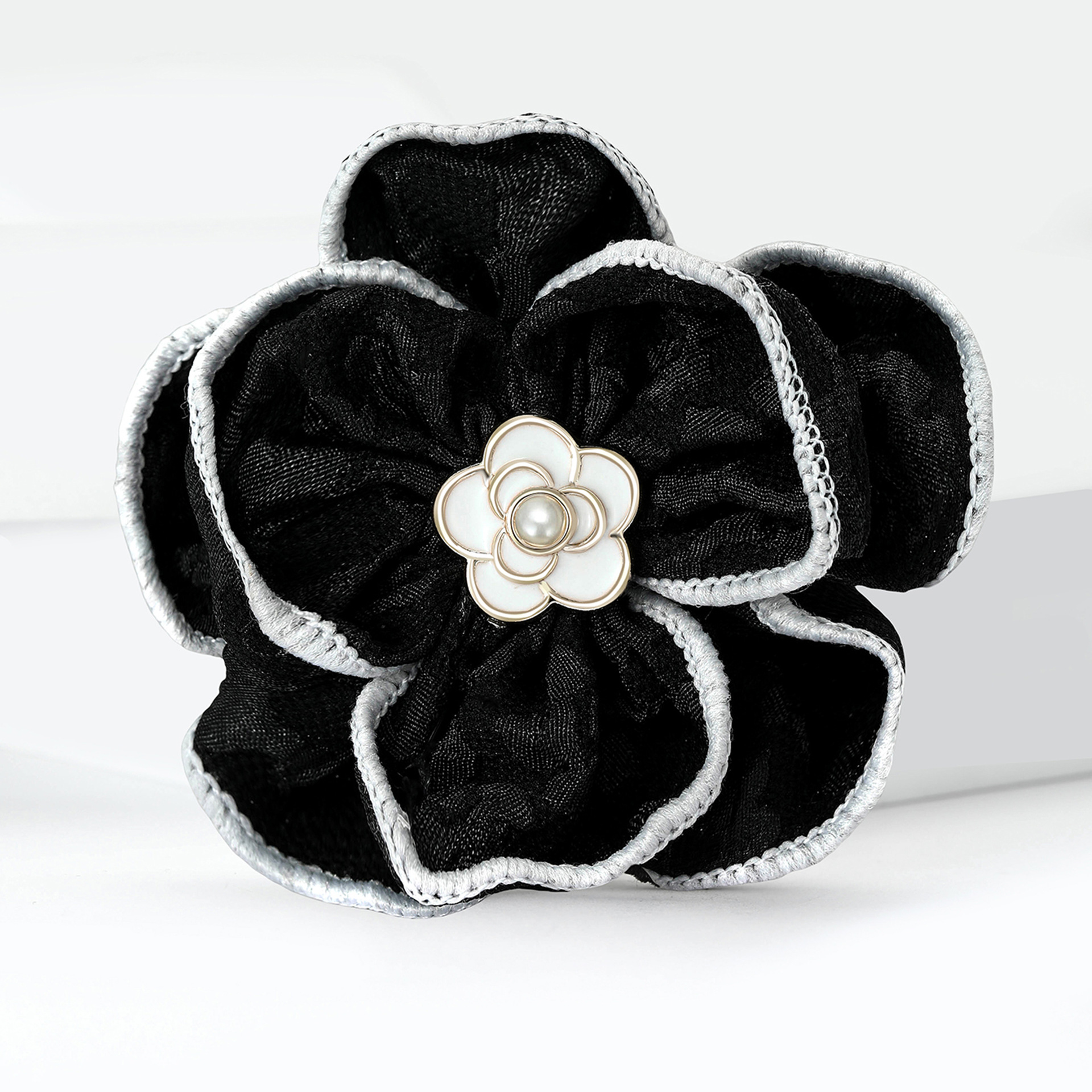 Gold Tone Fabric Flower Brooch With Black Trim, Enamel Center And Pearl Accent Elegant Party Jewelry And Gift For Her High Quality And Stylish Jewelry