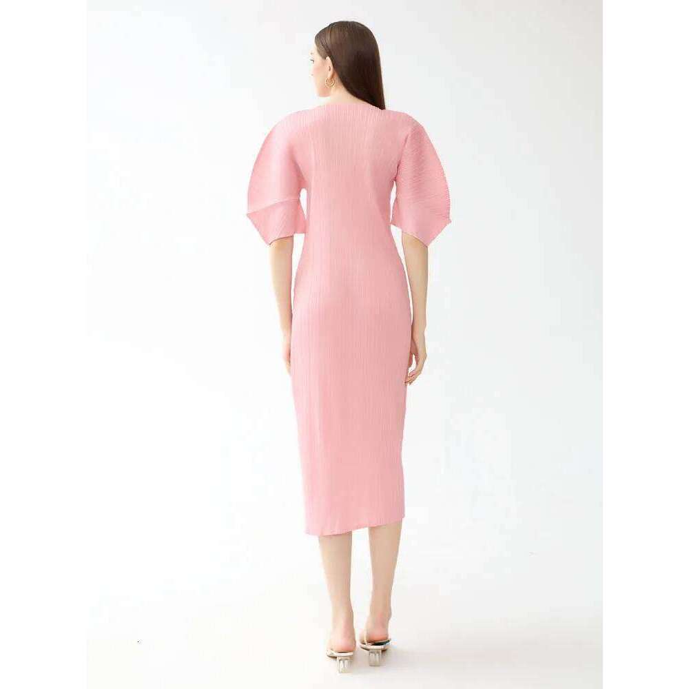 Miyake Pleated Short Sleeve Women Summer New Korean Fashion Solid Color Casual Round Neck Slim Fit Long Dress