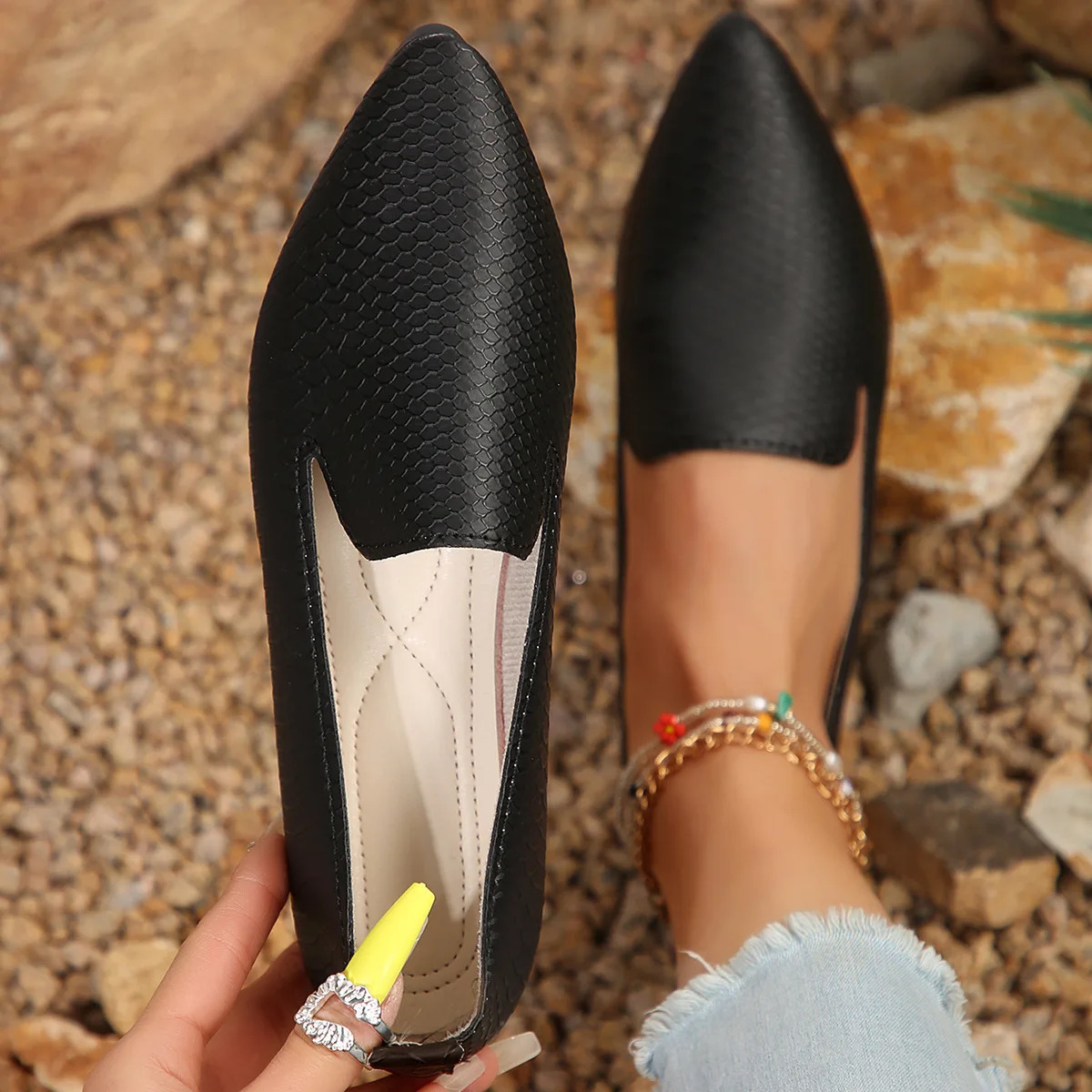 Womens Shoes PU Leather Loafers Ballet Flats Pointed Toe Barefoot Slip-on Casual Low Heel Fashion Stone Pattern Woman Flat Shoe 250724