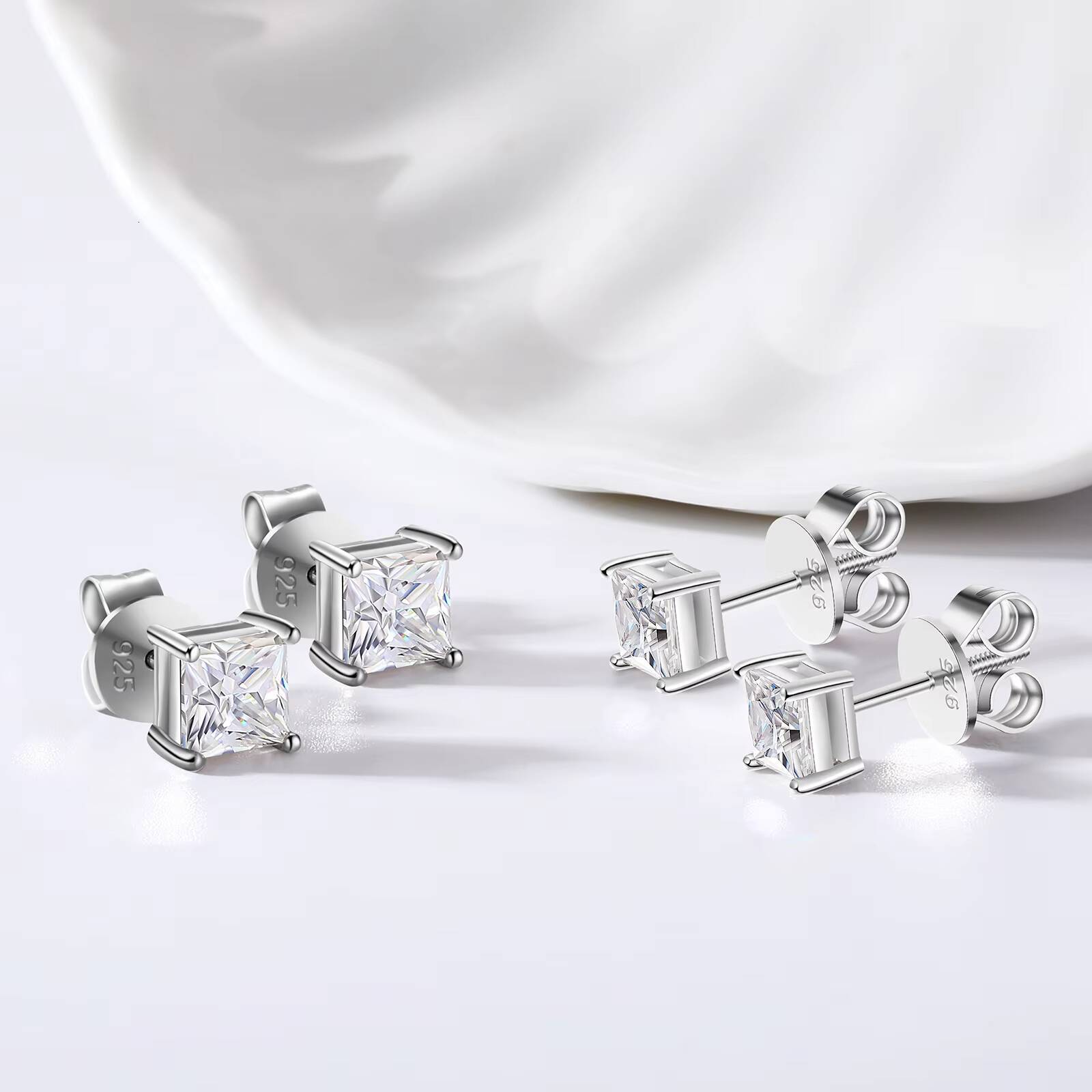 Fashion 0.6-1.2ct 18K White Gold Plated 925 Sterling Silver Princess Cut VVS Moissanite Diamond Solitaire Stud Earrings