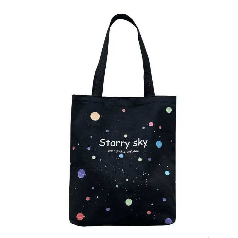 Starry Sky Pattern Canvas Bag Fashion Zipper Tote Bag Trendy Shoulder Bag for School Shopping G250729