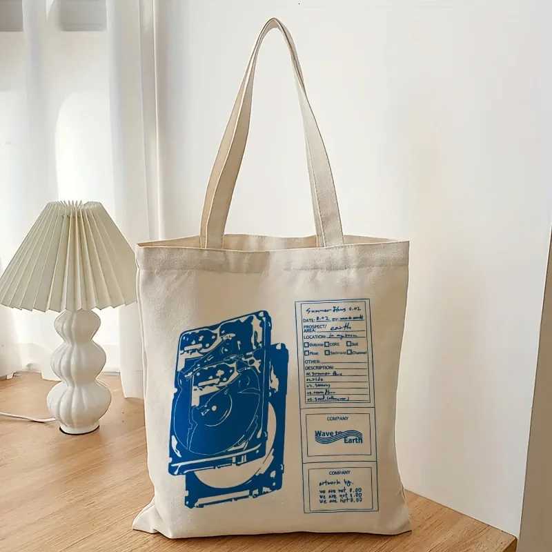 Wave To Earth Summer Flows Pattern Retro Record Graphics Canvas Tote Bag Reusable Shopper Bag For He And She Canvas Top Bag G250729