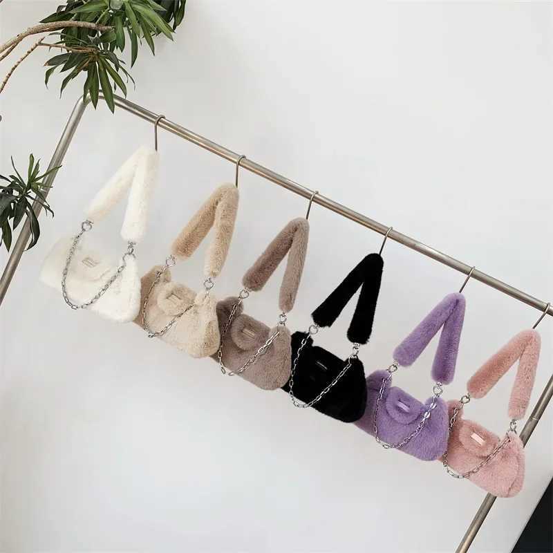 Fashion Solid Color Fake Fur Womens Shoulder Bag Sweet Plush Ladies Armpit Bags Simple New Chain Female Handbag Purse Y250730