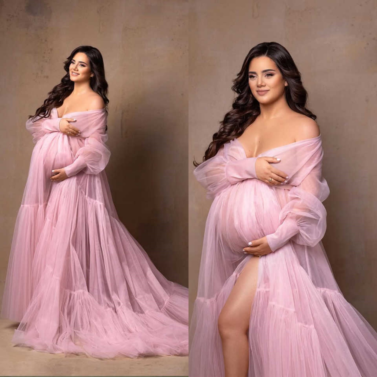 Fluffy Purple Ruffle Tulle Maternity Dress Off Shoulder Long Sleeves For Photoshoot Pregnancy Maternity Gown Robes