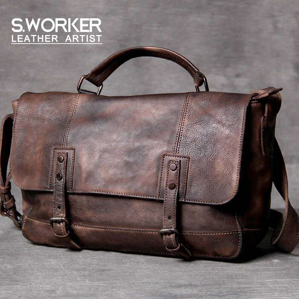 S.WORKER Vintage Genuine Leather Men's Briefcase Cowhide Messenger Bag Plant tainning Handbag Retro Casual Style OLOEY