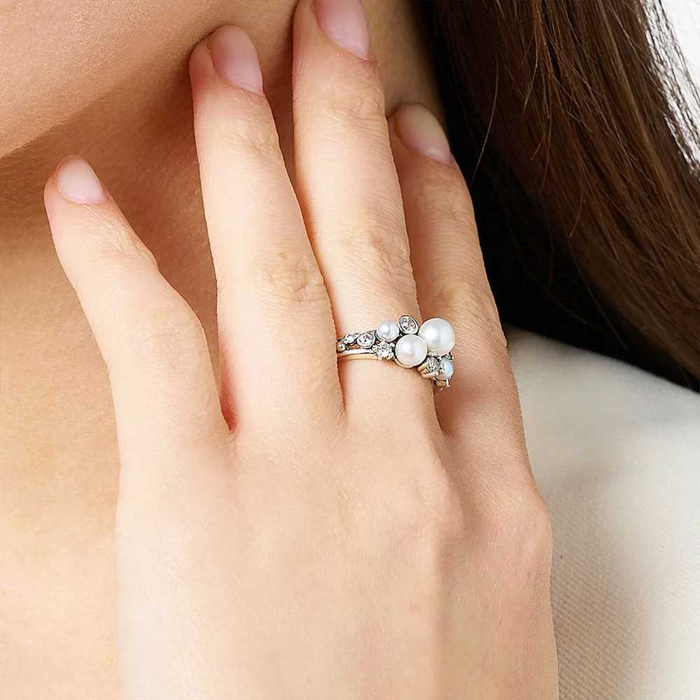 925 Sterling Silver Ring with Freshwater Pearls and White Stones European Style New Fine Jewelry Trendy Gift for Women y250730