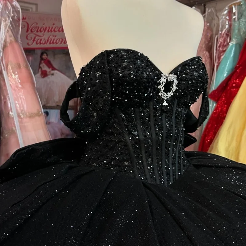 Black Shiny Quinceanera Dresses Off The Shoulder Sequin Beads Mexican Vestidos 15 De Anos Princess Party Birthday Sweet 16 Dress