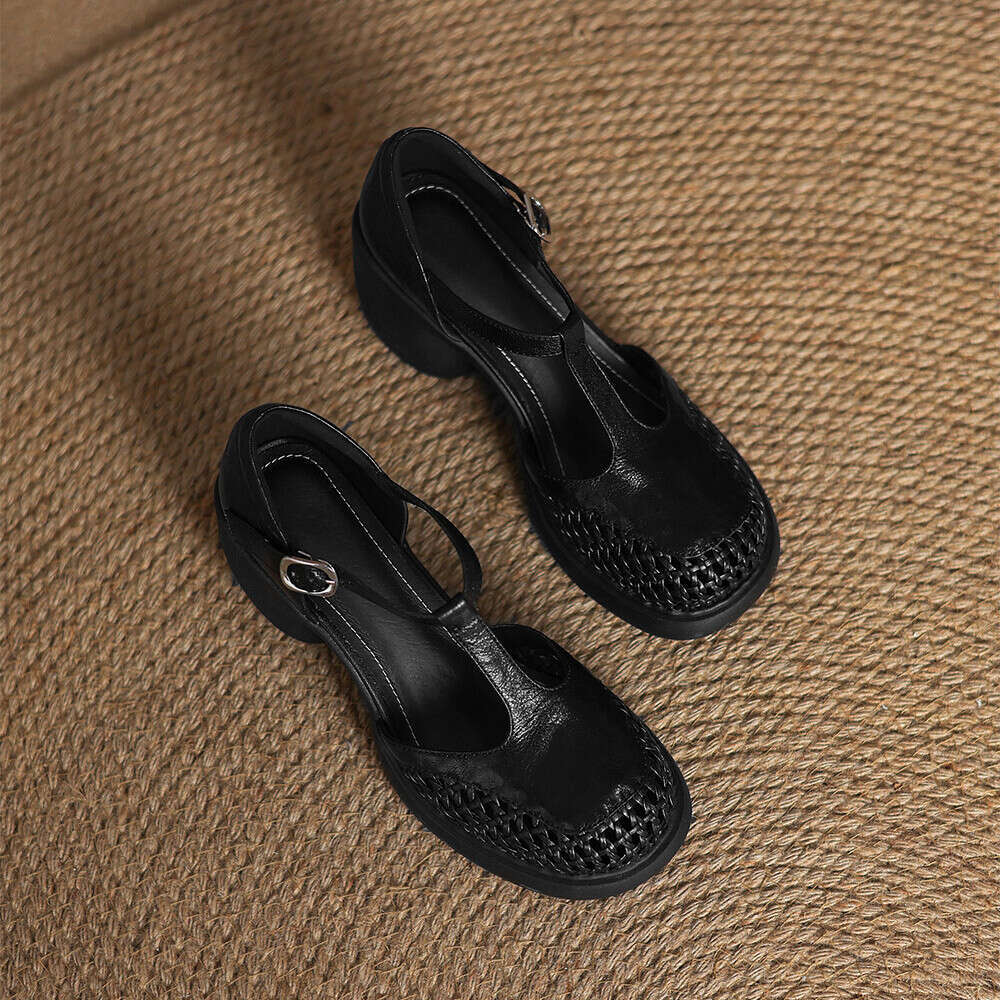 Genuine Leather Hollow Out Peep Sandals 2025 Summer New Round Toe Thick Sole Chunky Heel Thong Strap High Heels