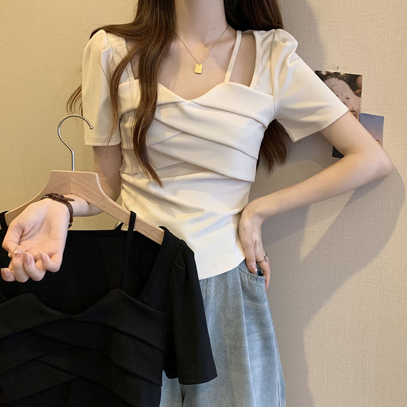 2025 plus size square shoulder short sleeved women's shirt, new summer design sense, niche fat French short sleeved slim fit top, new designer T-