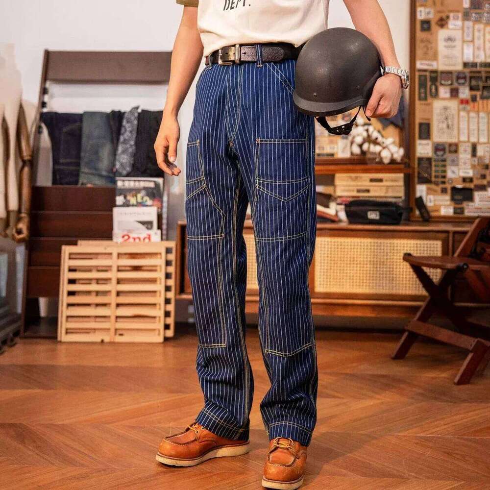 Red Tornado Double-Front Indigo Wabash Stripes Canvas Pants Derrickman Overalls Ameki