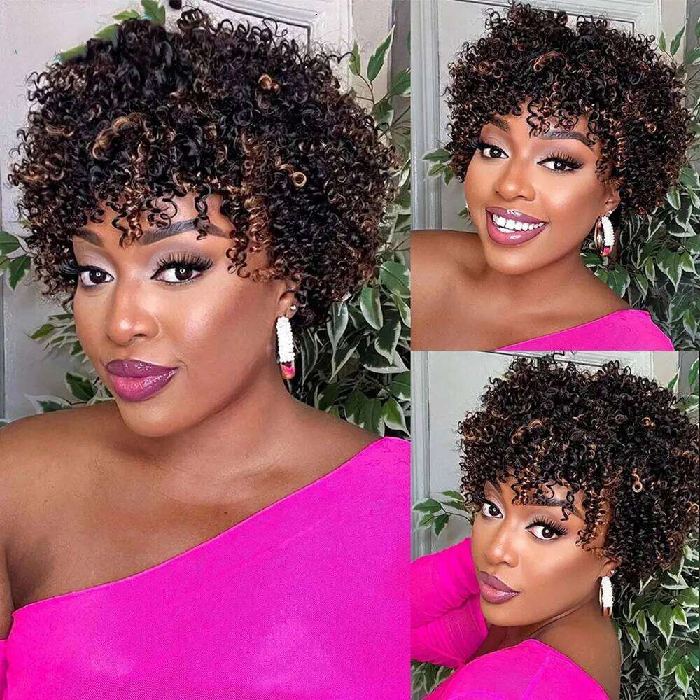 Highlight Human Hair Afro Wigs Black Women Short Pixie Kinky Curly for African American Full hine Wig