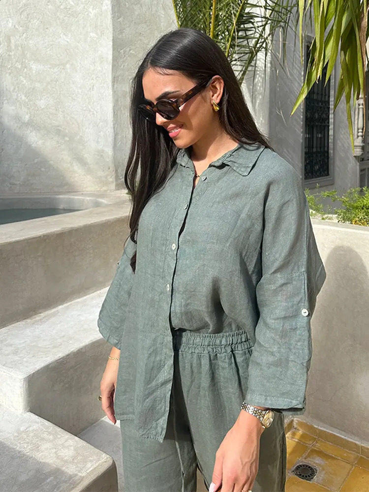 Casual Women Trousers Sets Lapel Single Breasted Long Sleeve Loose Top Wide Leg Pant Set 2025 Summer Cotton Linen Lady Suits 250724