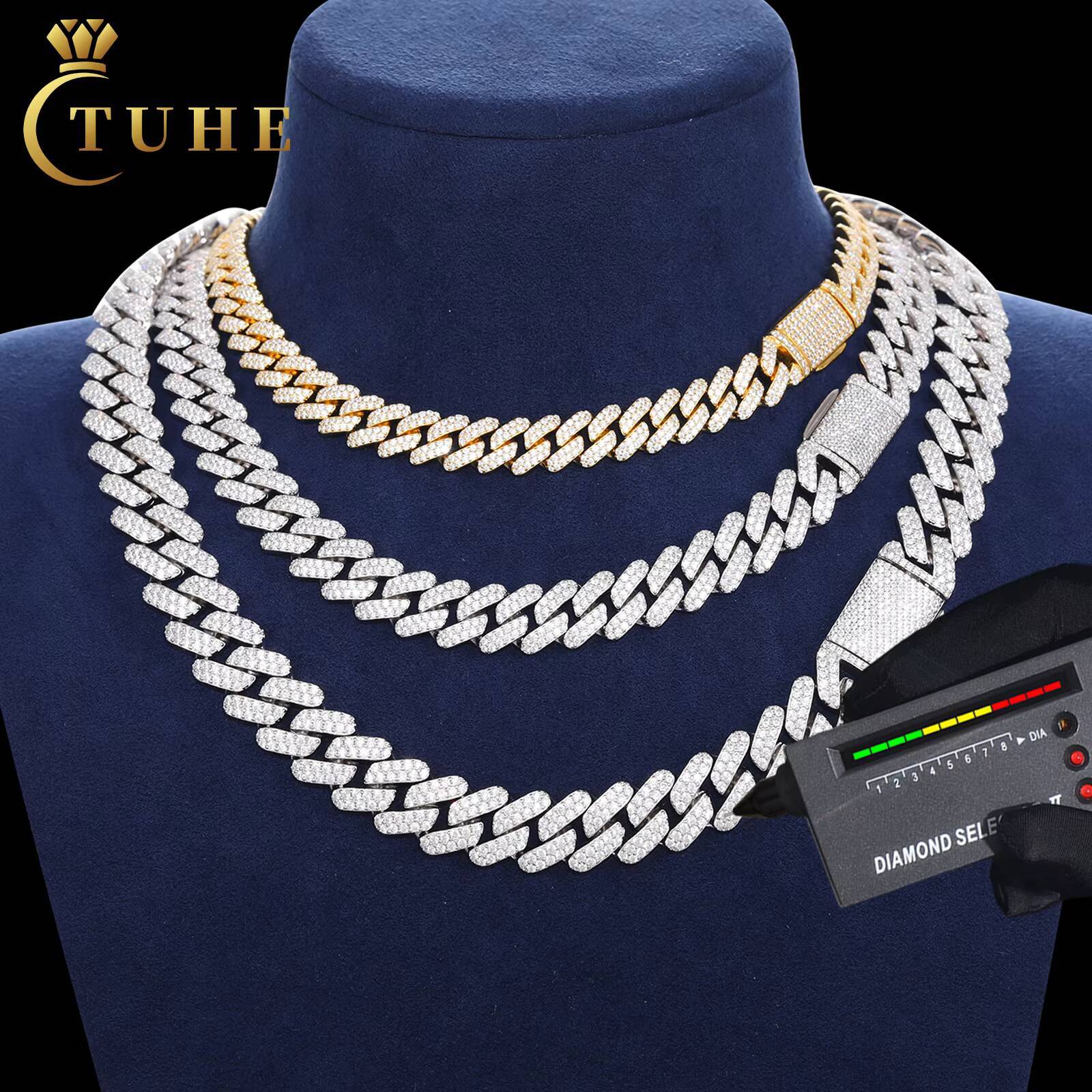 Denser and Thicker 10mm 12mm 14mm 925 Sterling Silver VVS Moissanite Diamond Iced Out Cuban Link Chain Necklace Hip Hop Jewelry