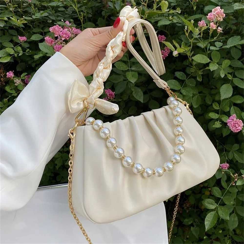 Fashion Pleated Handbags For Women Pu Pearl Bags Crossbody Bags Shopping Shoulder Bag Female Hand Bag Y250730