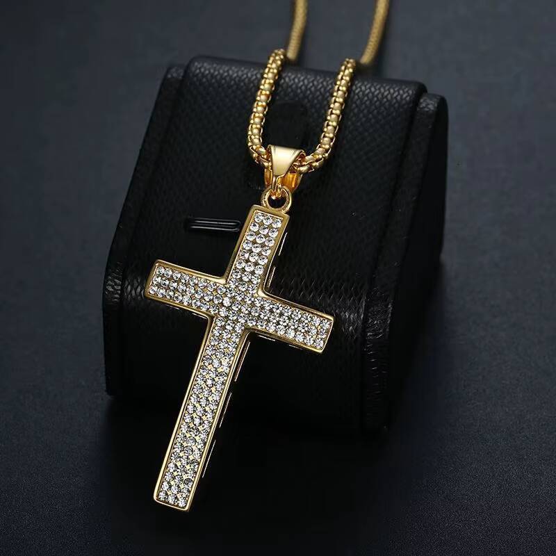 Mens and Womens Dainty Silver Moissanite Pendant Necklace VVS Diamond Cross Gold Plated Stainless Steel Punk Style Jewelry