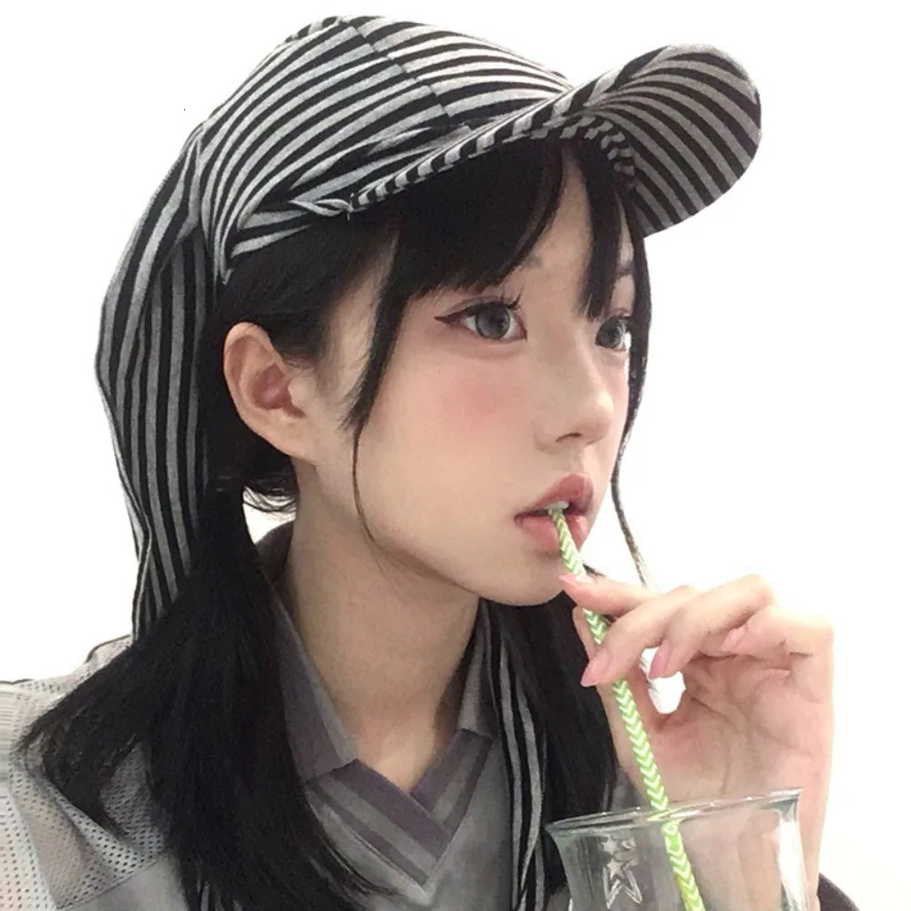 Fashion Rabbit Bunny Ears Baseball Cap Y2K Sunscreen Lop Ear Cap Punk Peaked Heart Stripe Hat Girl 250730