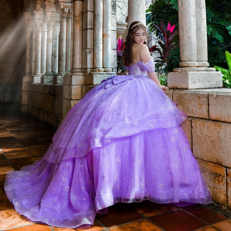 Lavender Shiny Quinceanera Dresses Off The Shoulder Sequin Applique Lace Tull Corset Ball Gown Vestidos De 15 Anos Sweet 16 Dress