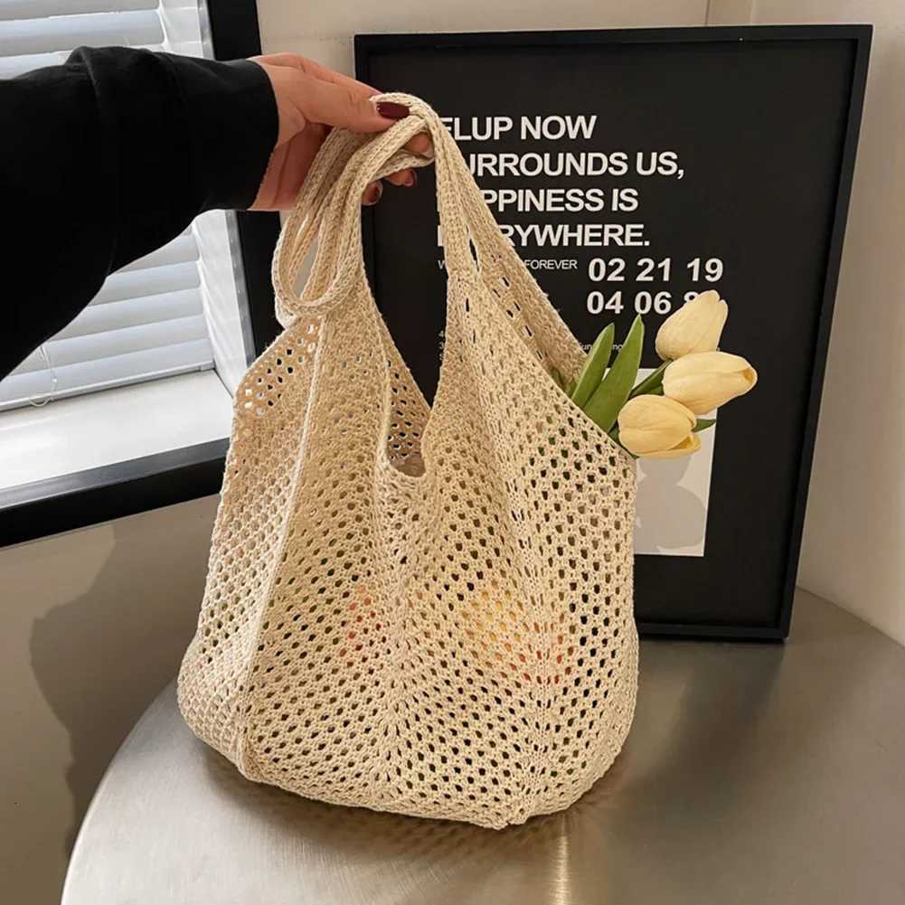 Fashion Womens Hollow Woven Shoulder Bags Large Capacity Knitting Underarm Bag Solid Crochet Tote Handbag Summer Mesh Beach Bag Y250730