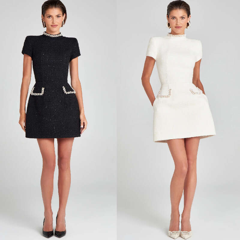 2024 New Elegant Slim Fit Round Neck Beaded Little Black Dress for Women