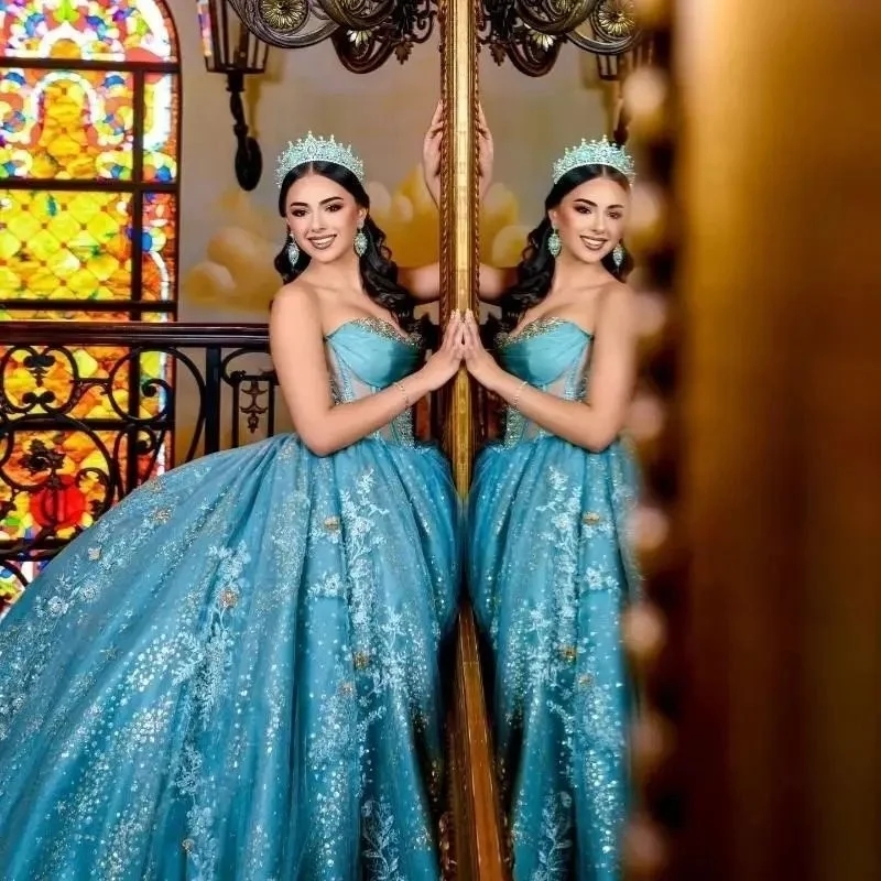 Water Blue Shiny Ball Gown Quinceanera Dresses Applique Lace Beading Crystal Tull Birthday Party Sweet 16 Dress Vestidos De 15 Anos