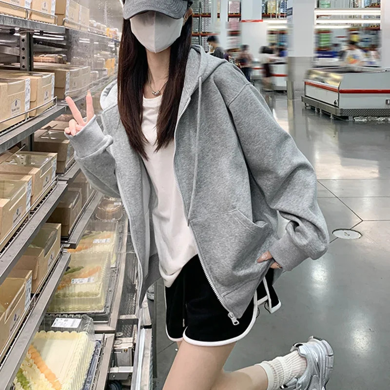 Spring Autumn Womens Casual Hooded Sweatshirt Loose Lazy Style Versatile Cardigan Coats Korean Simple ZipUp Drawstring Hoodies 250731