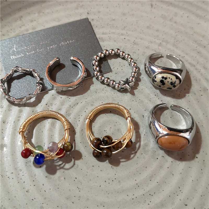 New Fashion Vintage Brown Spotted Tiger Eye Stone Rings For Women Silver Color Irregular Round Open Ring Aesthetic Jewelry Gift y250730