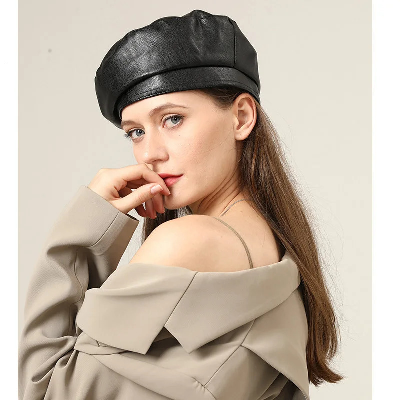 PU Leather Beret Caps Fashion Men Women Beret Hat Unisex Beanies 250730