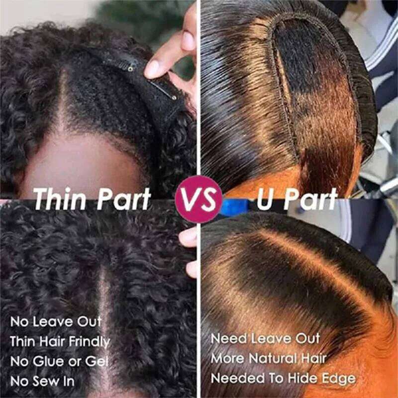 Kinky V Leave Out No Glue Brazilian Deep Curly Wave U Part Human Hair Wig for Women 180% Density
