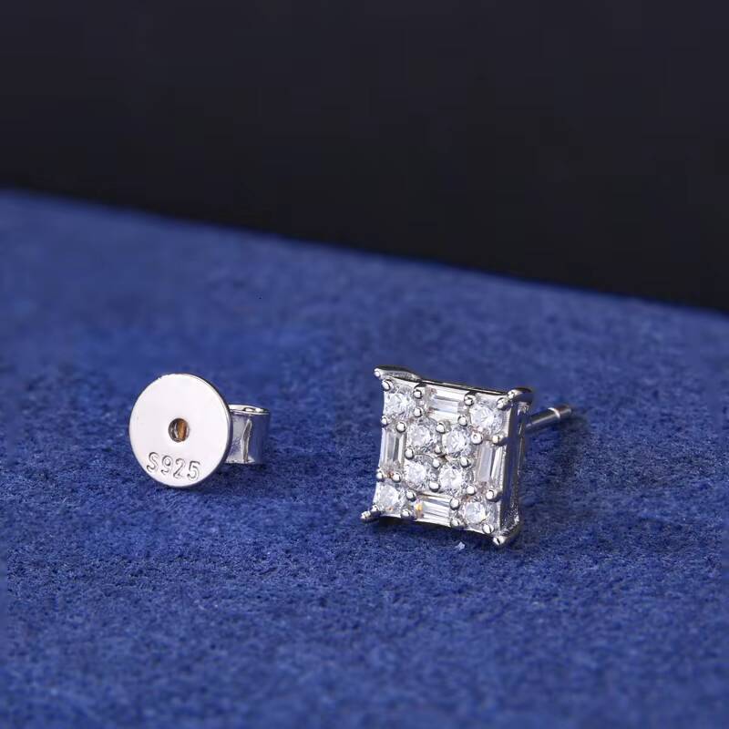 Wholesale Rapper 925 Sterling Silver Waterproof Baguette Moissanite Square Shaped Stud Earring Hip Hop Party Jewelry