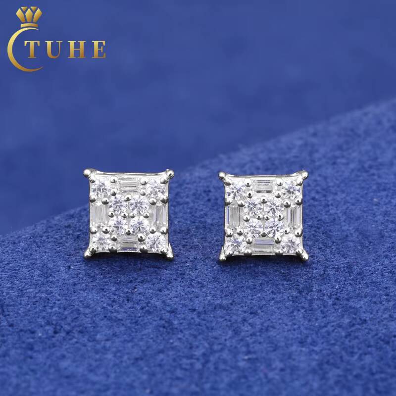 Wholesale Rapper 925 Sterling Silver Waterproof Baguette Moissanite Square Shaped Stud Earring Hip Hop Party Jewelry