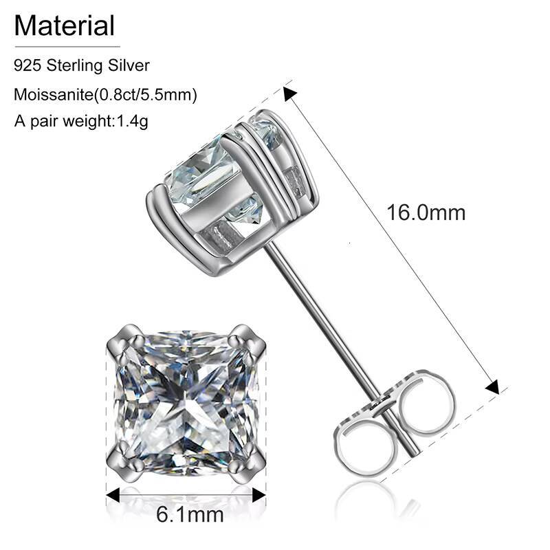 2022 Summer Women Jewelry 925 Sterling Silver 4 Prong Set 5.5mm 0.8ct Princess Cut VVS Moissanite Diamond Stud Earrings