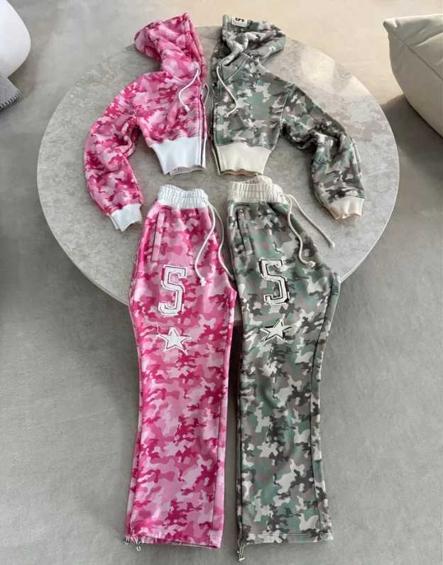 Fashion Y2K Sportswear Two Piece Suit Womens Hip Hop Pink Camouflage Short Waist Hugging Slim Hoodie Casual Loose Sports Pants XJ250731