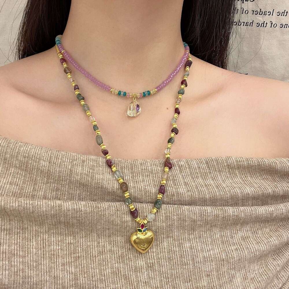 New Chinese Style Colorful Beaded Heart Pendant Stone Set Necklace Dopamine Collarbone Chain High-End Personality Fashion e2b