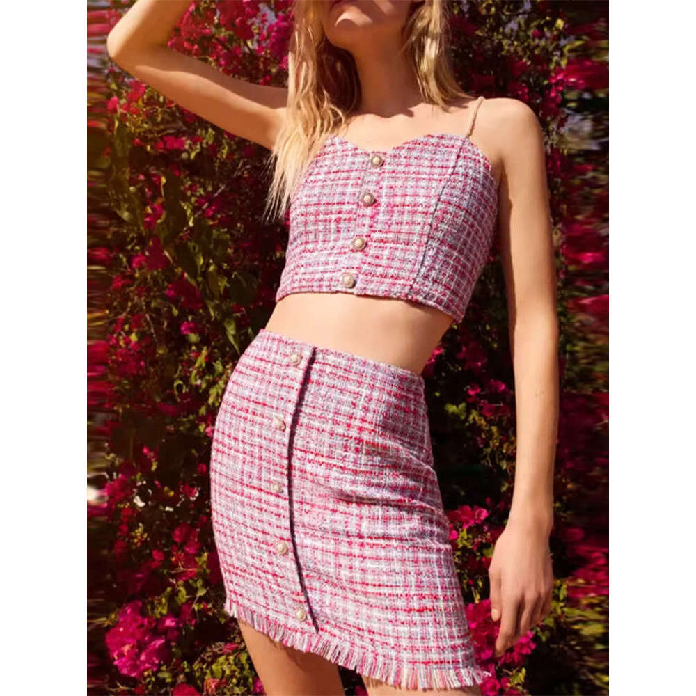Spicy Girl French Style Sexy Plaid Camisole Top and Skirt Set for Women 2025 Summer New
