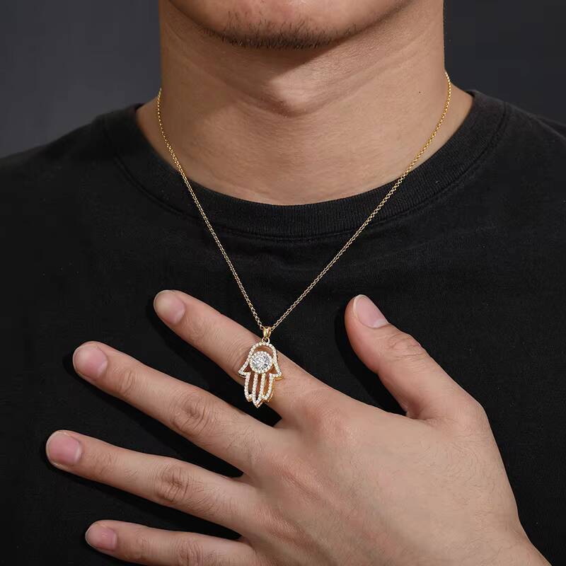 Fine Jewelry Gold Plated 925 Pure Silver VVS Moissanite Diamond Hamsa Hand Pendant Necklace With Chain