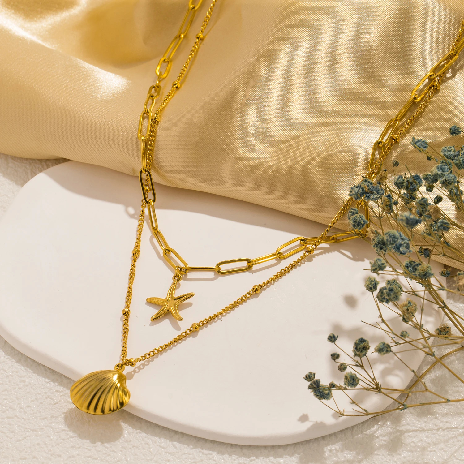 UHBINYCA Double Layered Chain Necklace for Women Summer Beach Seashell Starfish Pendant Stainless Steel Waterproof Jewelry 250716