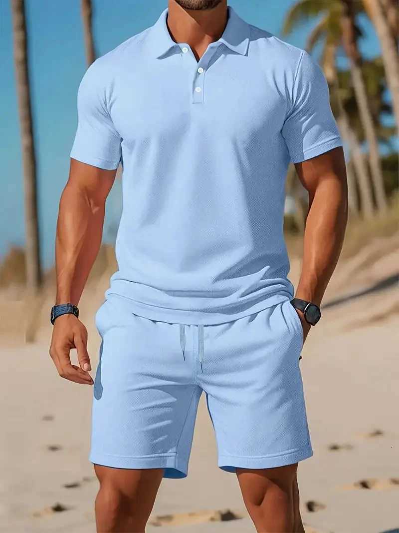 New Mens Business Casual Beach Sports Two-piece Set Drawstring Elastic Waist Sports Shorts Set Button Access Control Lapel Tops XJ250731