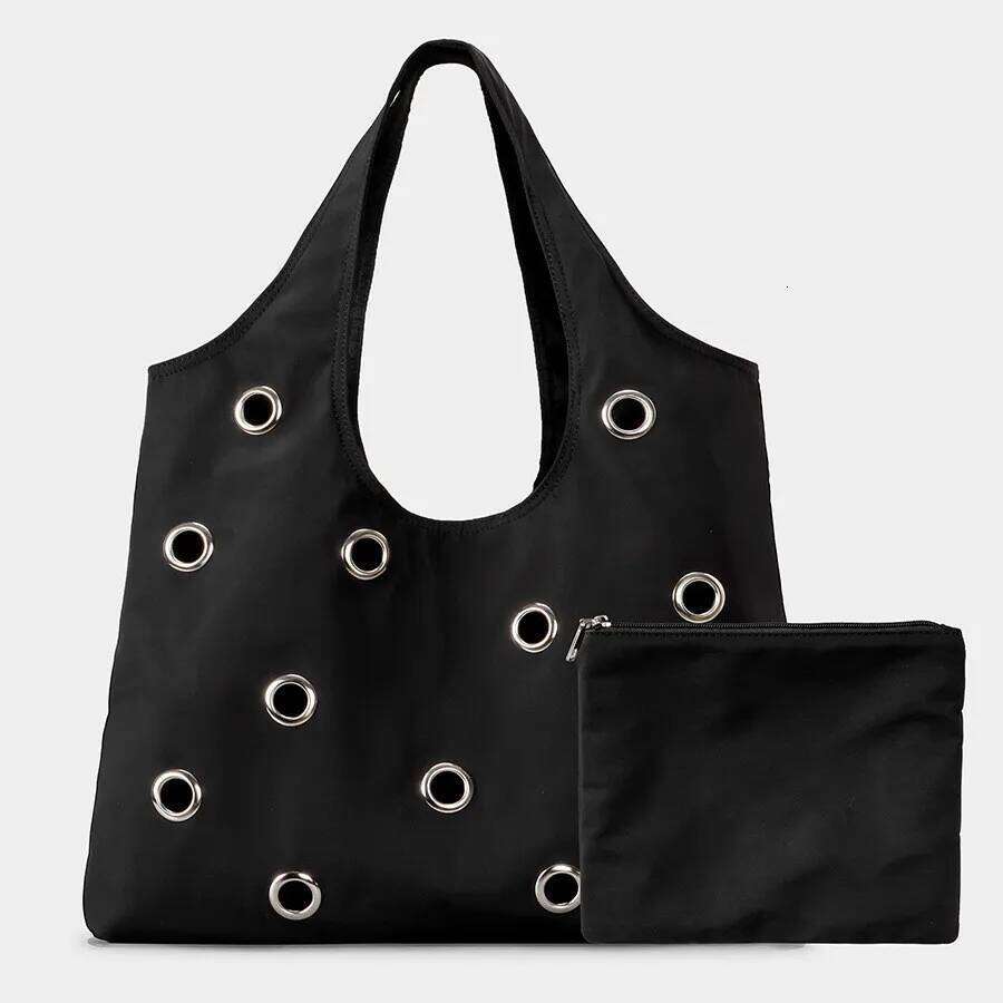 Fashion Hollow Rivet Large Capacity Tote Bag Hobos Women Handbags Soft Nylon Shoulder Bags Trend Big Shopper Purses