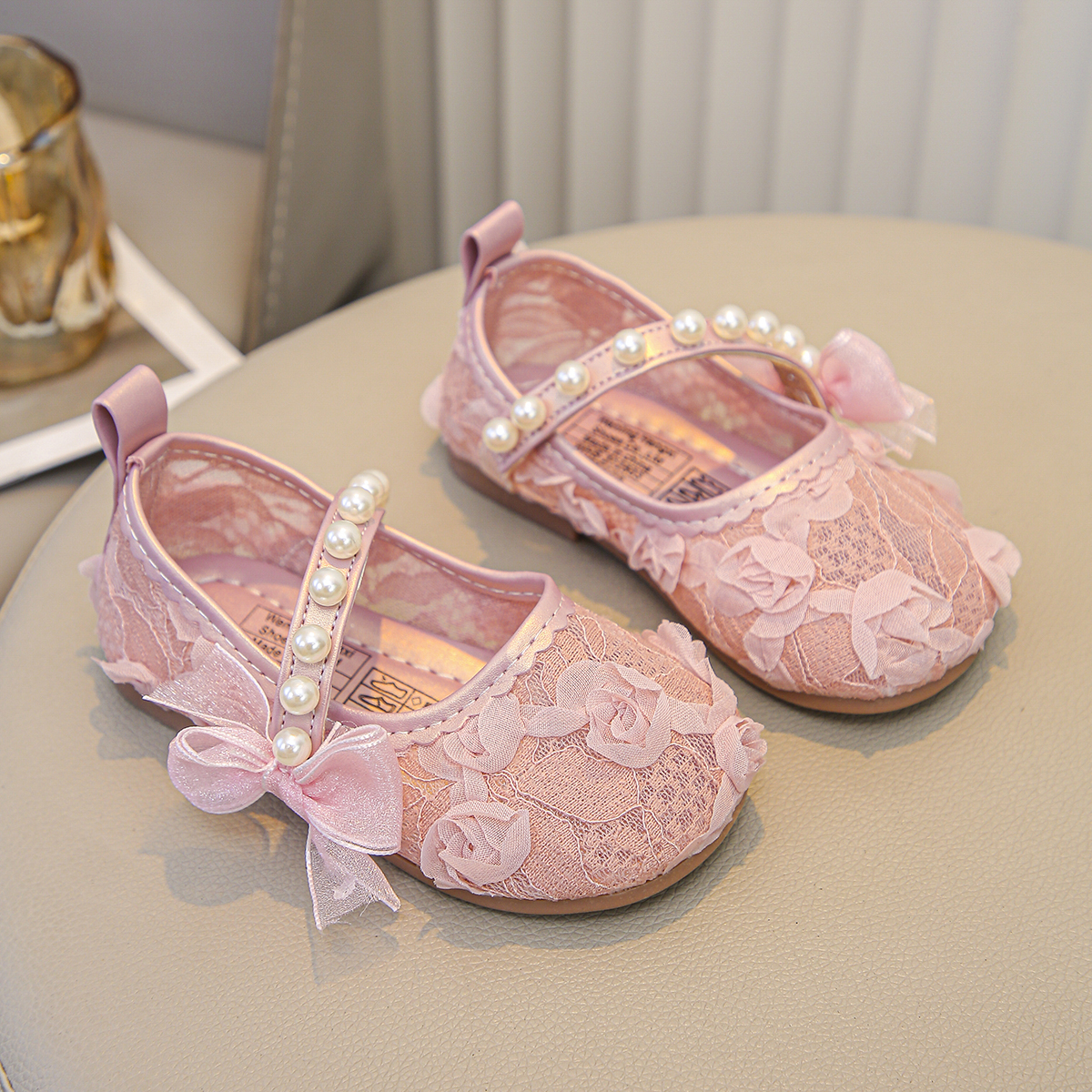 Sweet Princess Fan Girls Pink Lace Single Shoes Pearl Bow Flower Decoration