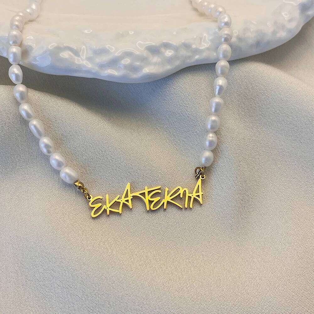 eManco Women's Freshwater Pearl Diy Monogrammed Collarbone Chain Stainless Steel Customized English Name Necklace Factory direct