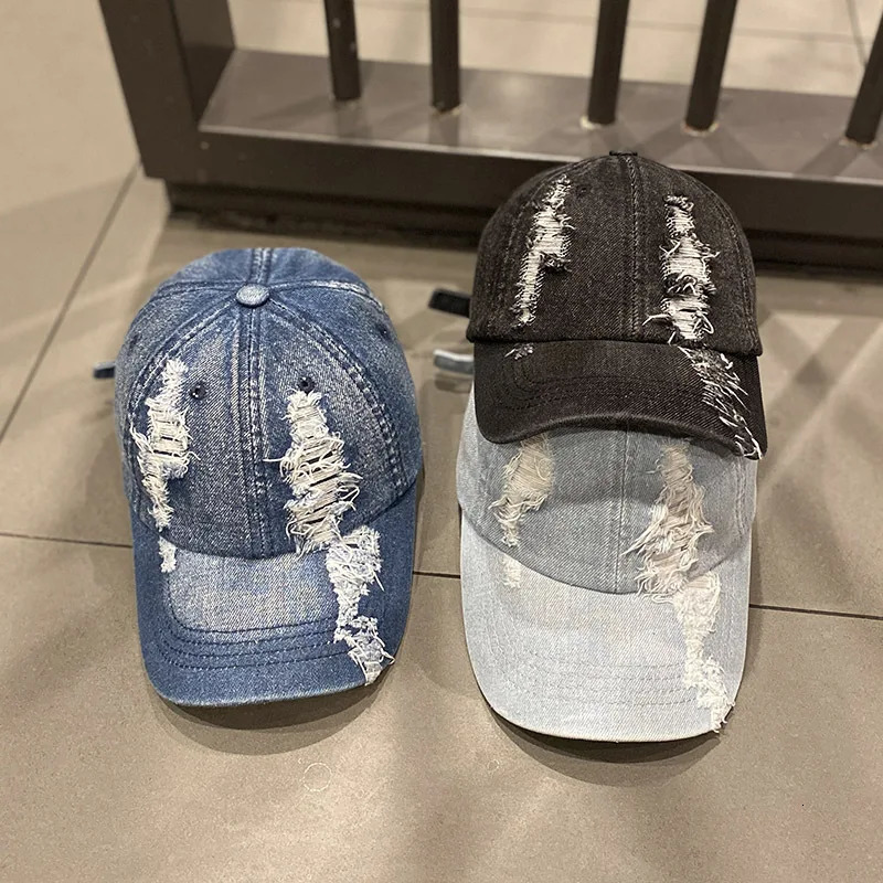 Washed Denim Baseball Caps Women Vintage Holed Distressed Cap Fashion Sports Denim Hats Plain Women Men Dad Caps 250730